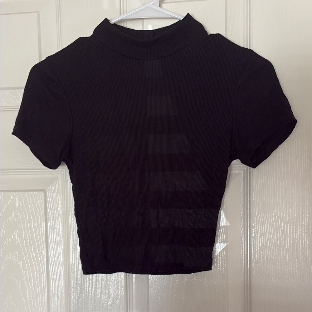 Black Fitted Crop T-Shirt with Mandarin Collar
